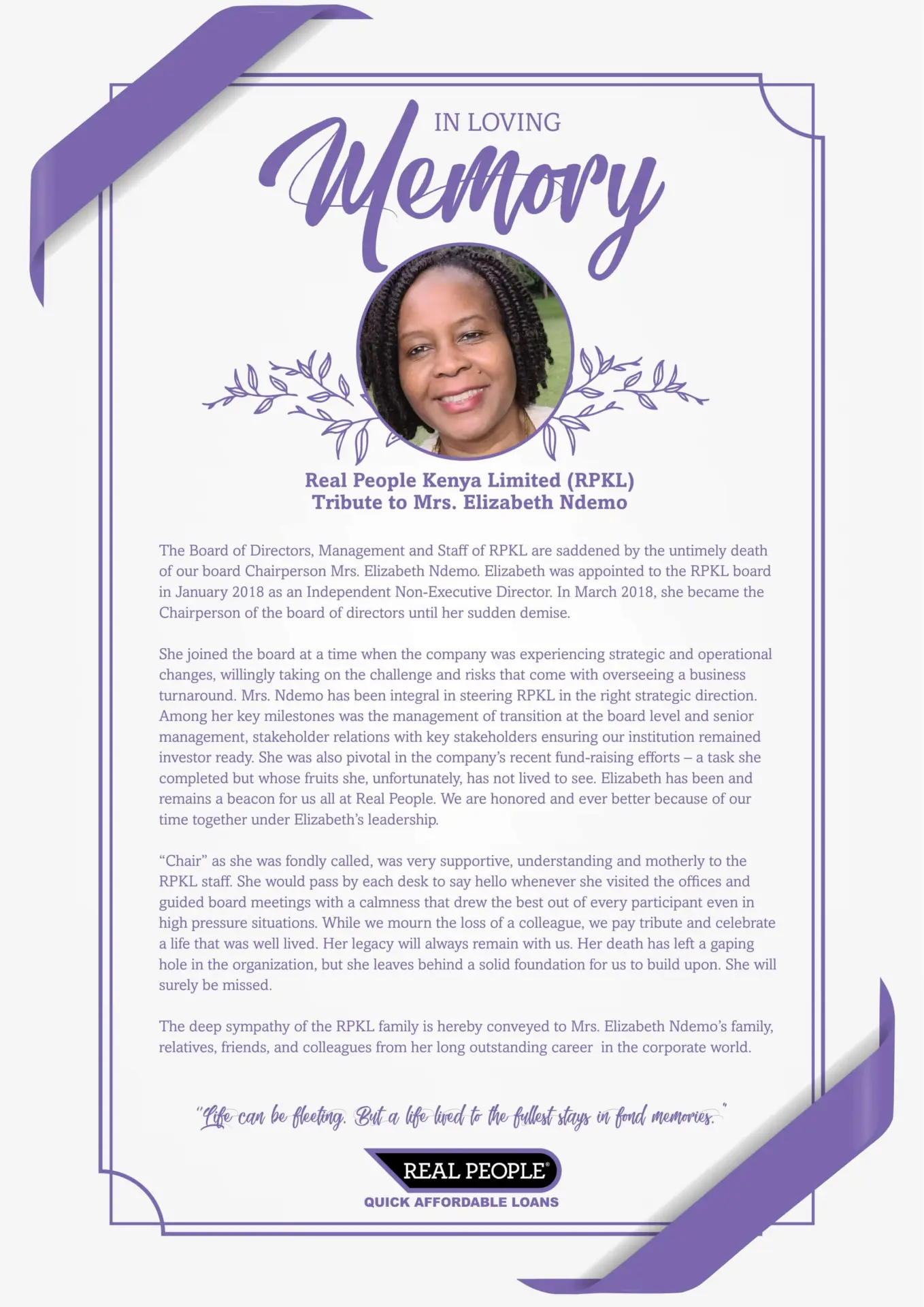 Tribute to Mrs. Elizabeth Ndemo